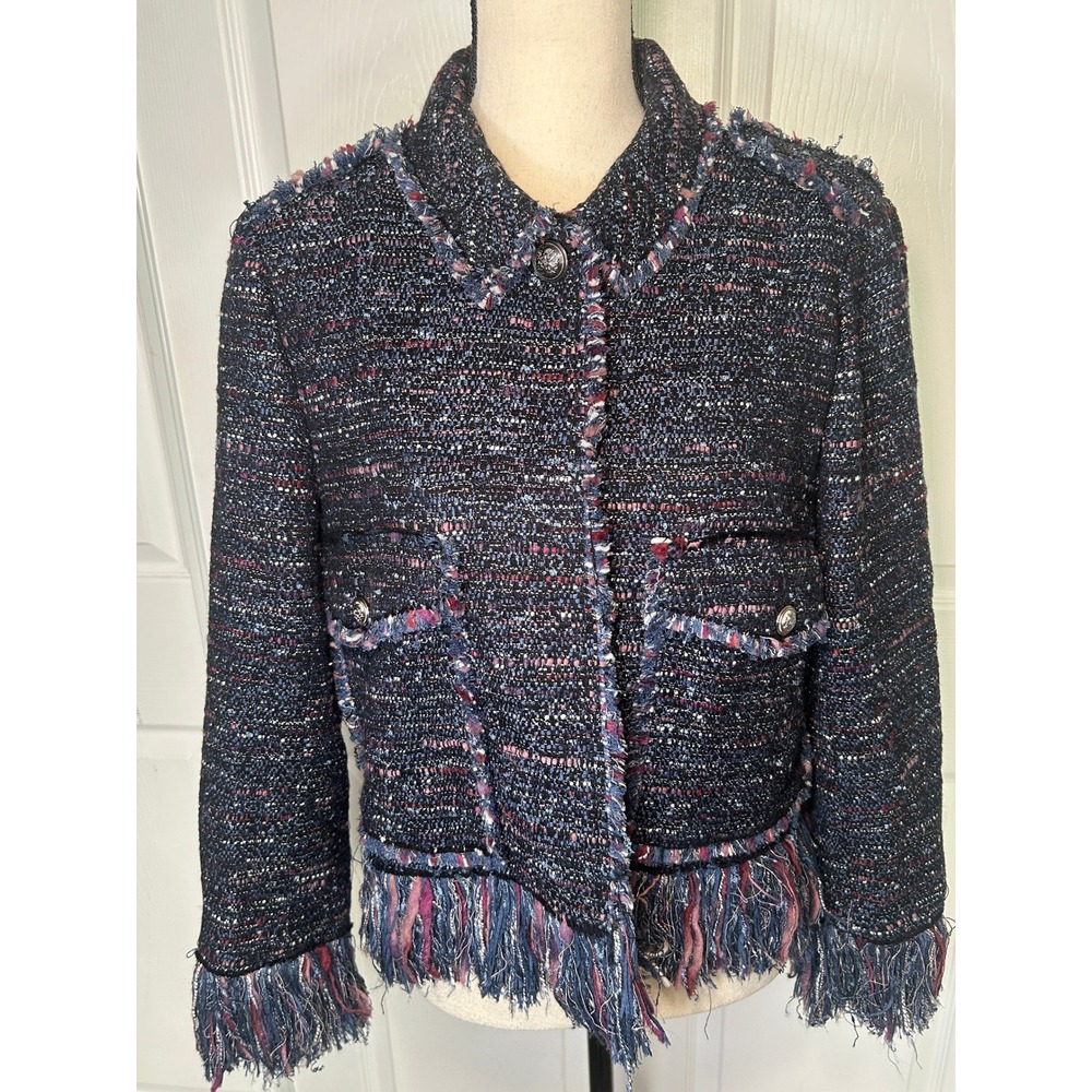 Zara Woman Bouclé Tweed Fringed Blazer Navy Blue Multi Button Jacket XL